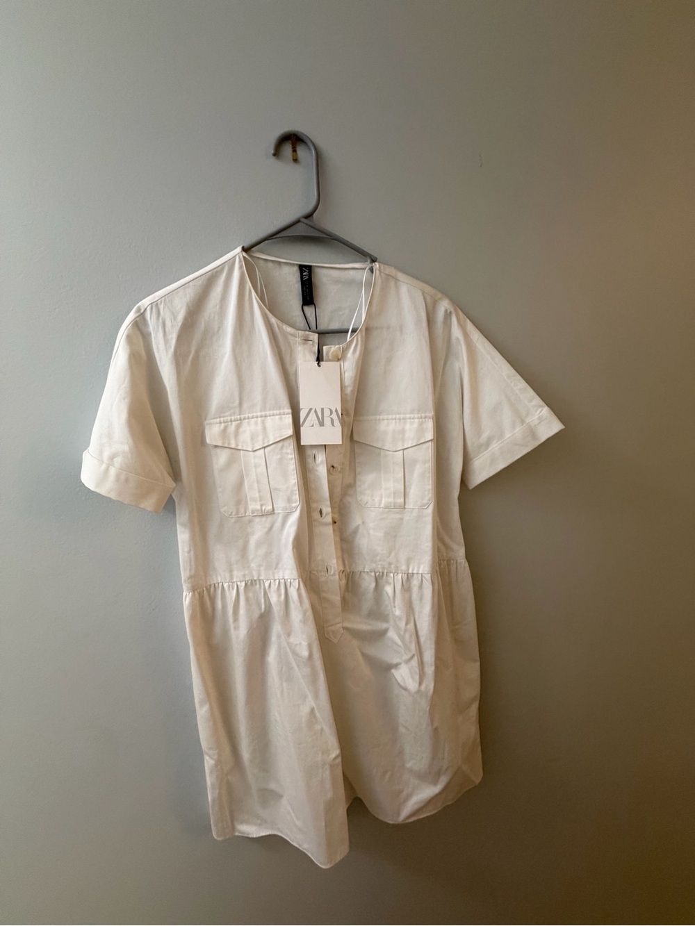 ZARA Cream Short-Sleeve Cotton Popover Tunic with Chest Pockets